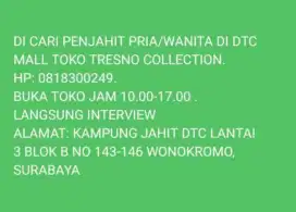 Dicari penjahit pria /wanita