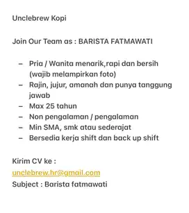 Dibutuhkan segera Barista Coffee Shop fatmawati
