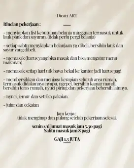 Dicari asisten rumah tangga wajib bisa masak