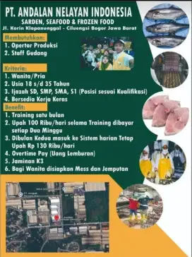 Lowongan kerja PT. Andalan nelayan Indonesia (frozen food)