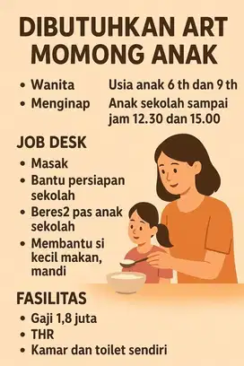 Dibutuhkan ART Momong Anak Menginap – Gaji 1,8 Juta