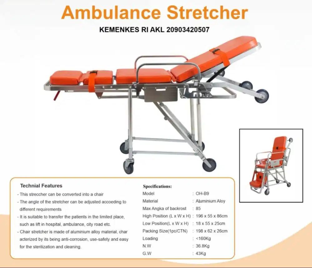 Ambulance Stretcher Onehealth OH-B9 OHB9 tandu brankar