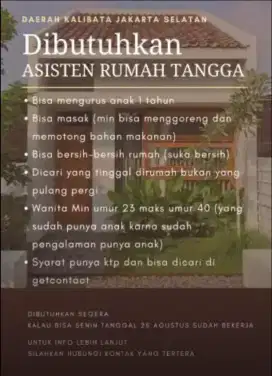 Dicari asisten rumah tangga daerah kalibata