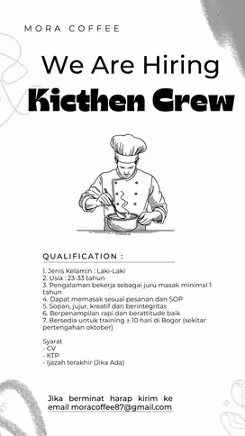 LOWONGAN KERJA KITCHEN CREW/CHEF/JURU MASAK