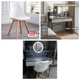 Meja Rias Aesthetic Modern LED + Kursi Putih Elegan Minimalis & Kokoh