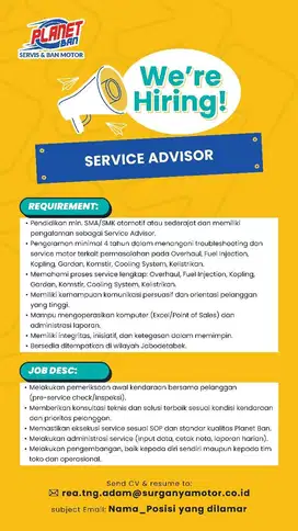 Lowongan - Service Advisor Planet Ban
