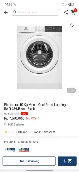Ready arok mesin cuci electrolux kapasitas 10kg