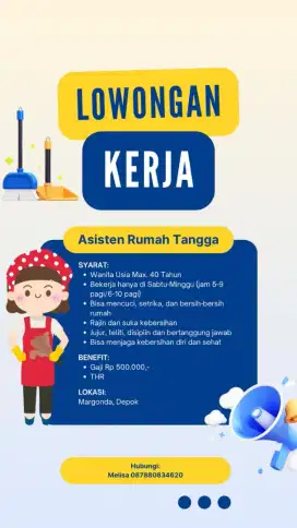 Dibutuhkan asisten rumah tangga
