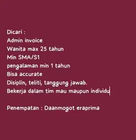 Dibutuhkan : Admin invoice
