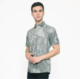 Kemeja Batik Pria Premium Pendek Size L Slim Fit Motif Hijau Sage