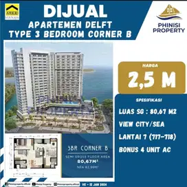 Dijual Apartemen Delft Makassar - 3 Bedroom Corner, View Kota & Laut,