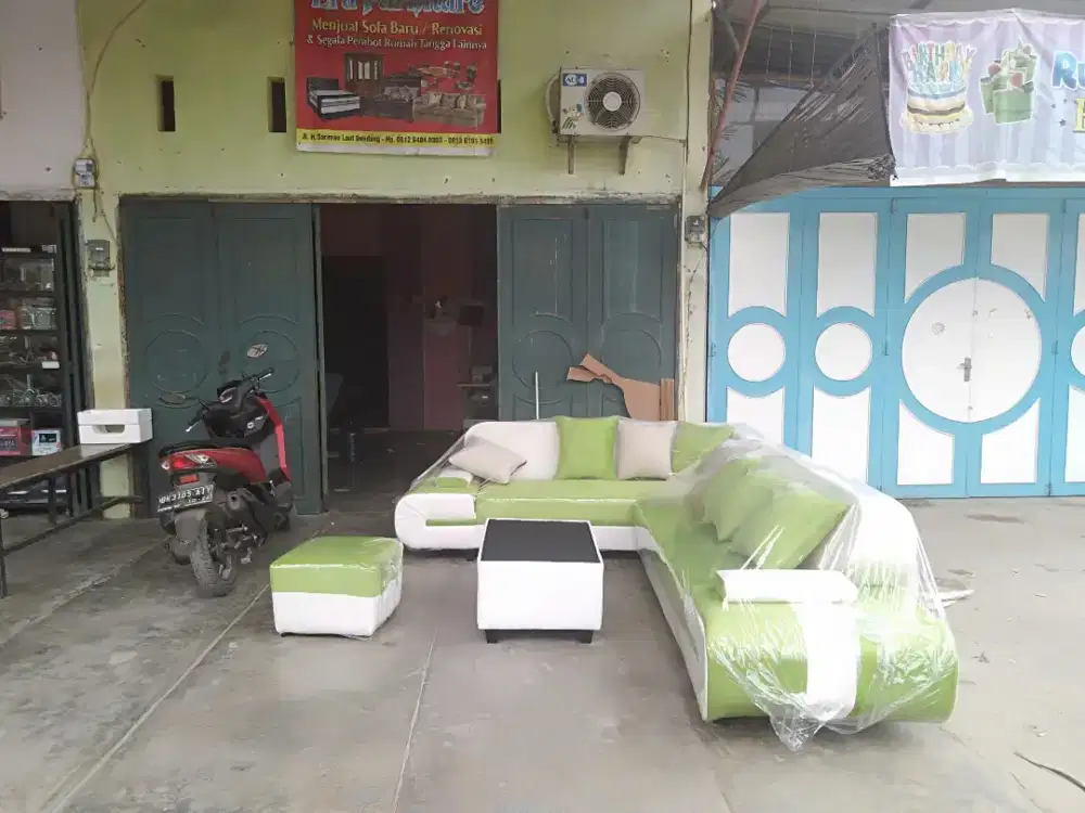Erafurniture*sofa L New VALENTINO hijau-cteam+PUFF+MEJA +BANTAL