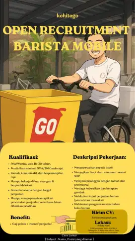 Dibutuhkan Segera 2 Riders atau Barista Mobile Kopi Gerobak Kohitogo