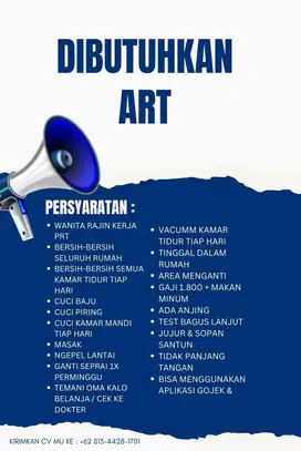 Dibutuhkan ART wanita (rajin)