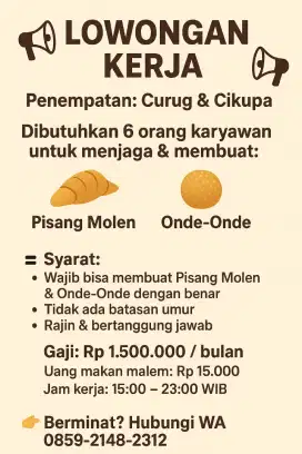 Lowongan Jaga Molen dan onde onde