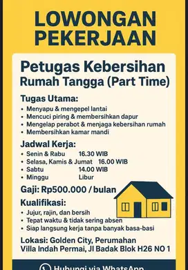 Posisi: Petugas Kebersihan Rumah Tangga (Part Time)