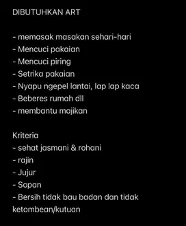 Loker ART Menginap