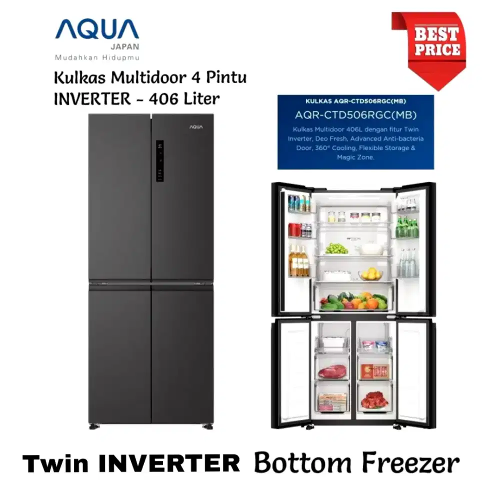 AQUA Kulkas 4 Pintu MULTIDOOR TWIN INVERTER Dark Grey 406L DEO FRESH