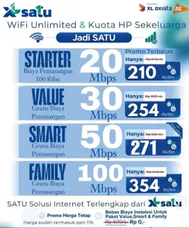 WIFI XL SATU PROMO GRATIS PASANG UNLIMITED