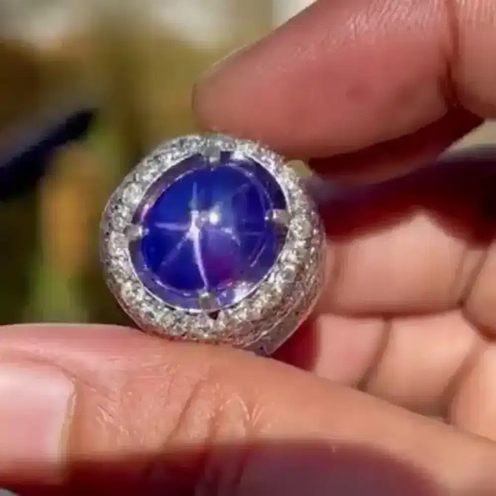 Cincin Permata Star Blue Sapphire Ring Emas Berlian