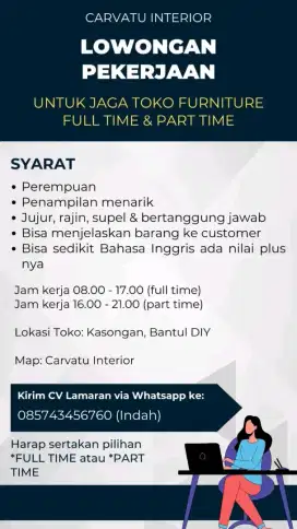 Lowongan Jaga Toko Marketing Interior Desain