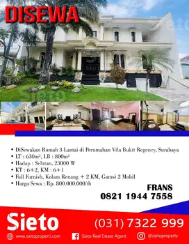 DiSewakan Rumah 3 Lantai di Perumahan Vila Bukit Regency, Surabaya
