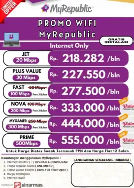 Pasang WiFi MyRepublic Murah Resmi – Internet Cepat Area Jabodetabek