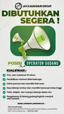 Lowongan Kerja Operator / Pelaksana Gudang