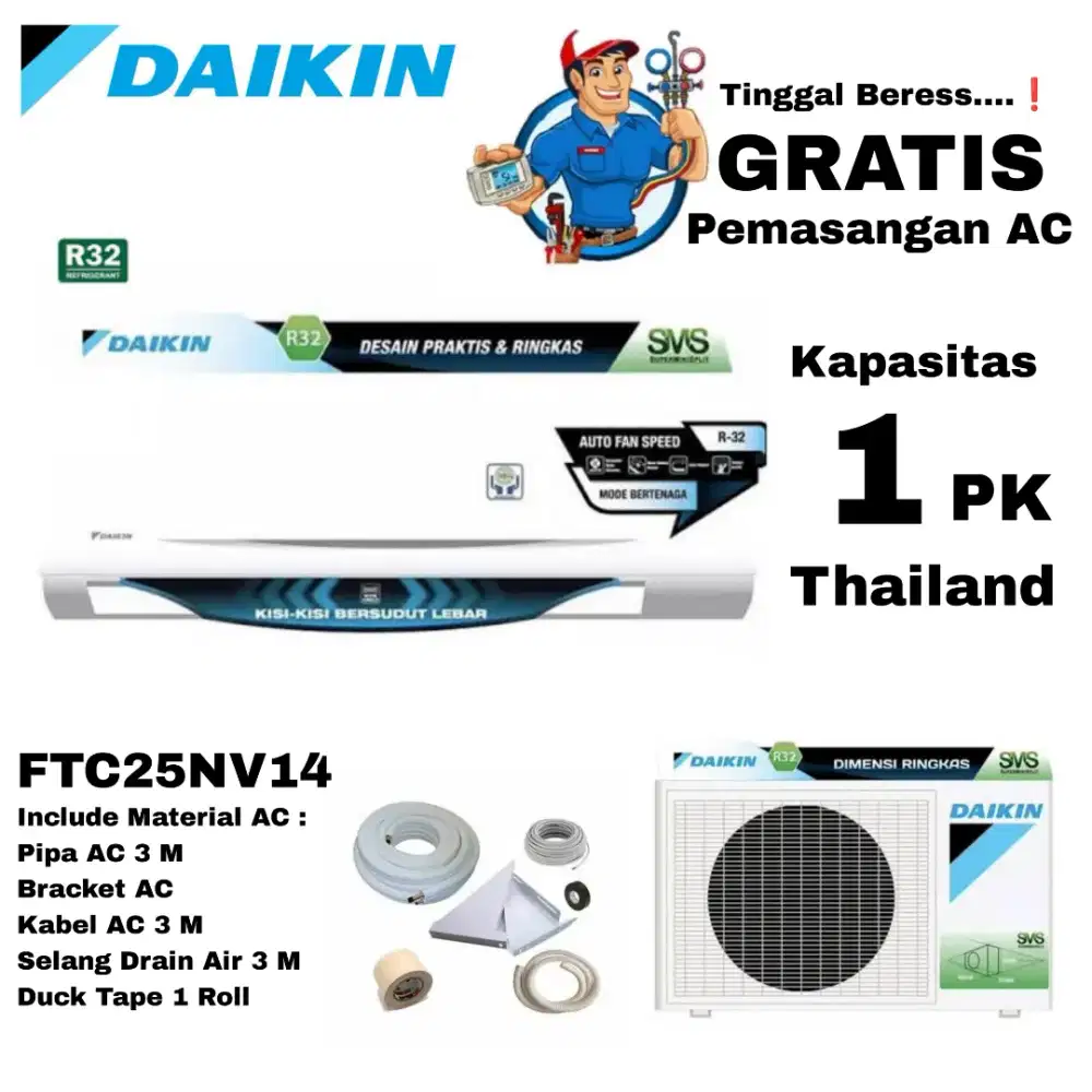 FREE PASANG! DAIKIN AC 1 PK THAILAND FTC25NV14 R32 AutoClean Fast COOL