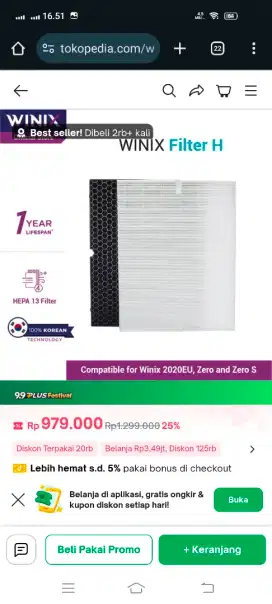 WINIX Filter H - Filter Pembersih Udara [Carbon Filter + HEPA Filter]