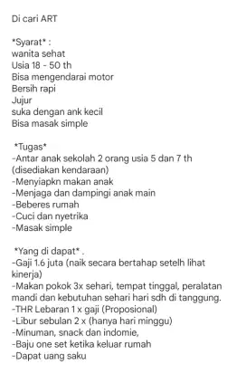 ART NGINAP ( sehat, jujur, telaten, suka anak kecil)