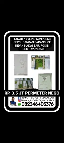 Tanah Kavling kompleks Pergudangan Parangloe Indah 25X50 1.500M, SUDUT
