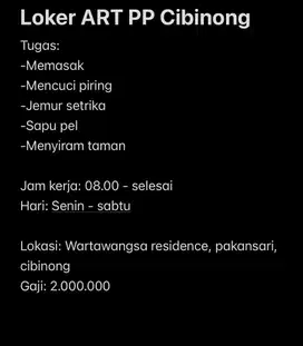 Dicari ART pulang pergi Cibinong