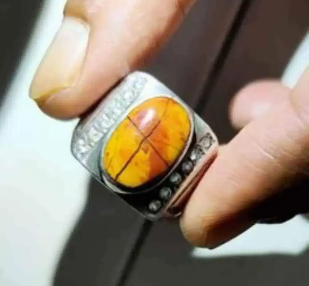 Cincin Perak Batu motif Tapak Jalak Serat Emas (Kecubung Bambu)