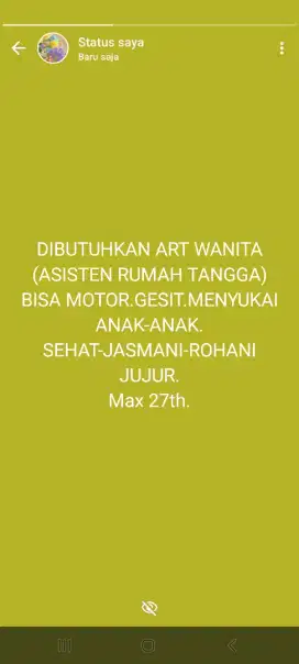 DIBUTUHKAN SEGERA Asisten Rumah Tangga (ART)