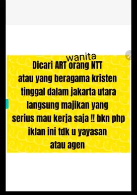 Dicari ART org NTT agama kristen tidur dalam