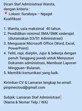Dicari Administrasi Wanita