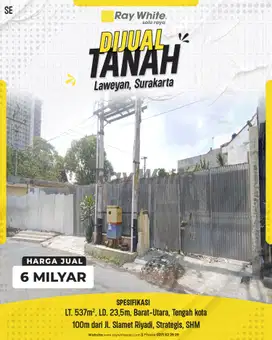 Tanah Hook 537m² di Kalitan, 100m dari Jl. Slamet Riyadi