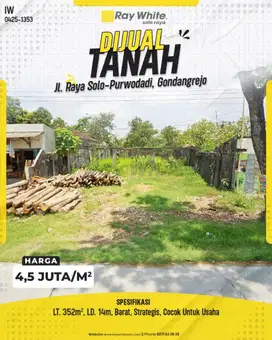 Dijual Tanah 352m² di Tepi Jalan Raya Solo-Purwodadi