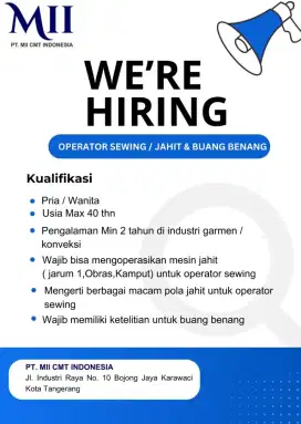 LOWONGAN KERJA OPERATOR SEWING DAN BUANG BENANG