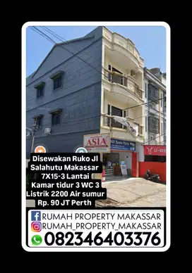 Disewakan Ruko Jl  Salahutu Makassar  7X15-3 Lantai Kamar 3 WC 3