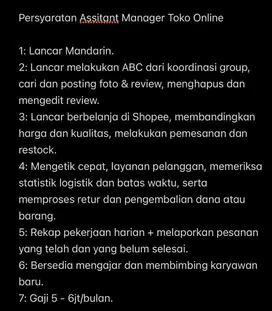 Lowongan assistant manager toko online & lowongan HOST LIVE ADMIN