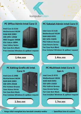 PC Rakitan Intel Core i3 Admin, Wilcom, Office, Sekolah dll