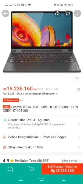 Lenovo Yoga C640-13iml/Core i7-10510/Ram 16GB/SSD 512GB/13' FULLHD