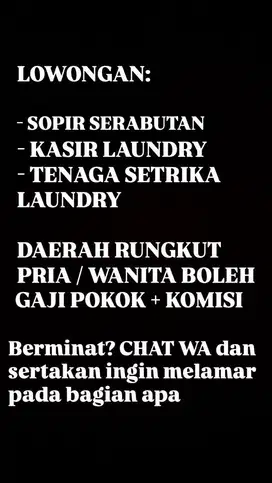 LOWONGAN KERJA SOPIR, KASIR, TENAGA SETRIKA LAUNDRY