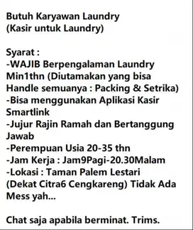 Dicari / Butuh Kasir Laundry (Lowongan Karyawan Laundry)