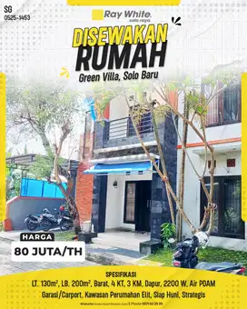 Rumah Disewakan 2 Lantai Green Villa, Solo Baru, Grogol, Sukoharjo