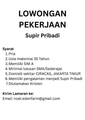 Lowongan Kerja Driver Pribadi (Atas nama PT)