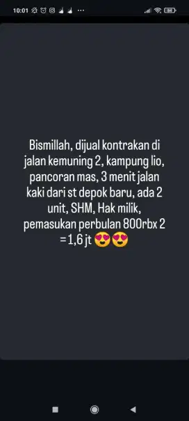 BISMILLAH DIJUAL RUMAH KONTRAKAN DEPOK BARU SHM 155JT MILIK PRIBADI