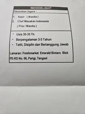 dibutuhkan Kasir dan Chef masakan indonesia